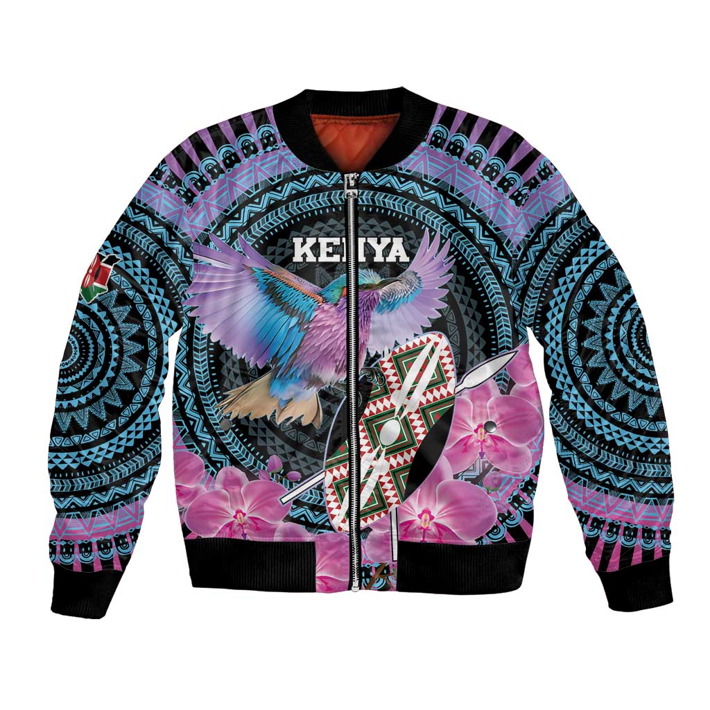 Personalised Kenya Lilac Breasted Roller Bomber Jacket Mix Maasai Shield With Orchid Flower - Wonder Print Shop