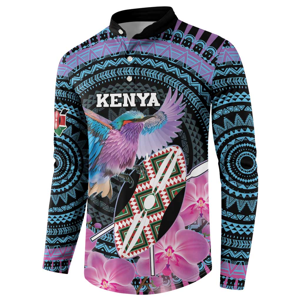 Personalised Kenya Lilac Breasted Roller Button Sweatshirt Mix Maasai Shield With Orchid Flower - Wonder Print Shop