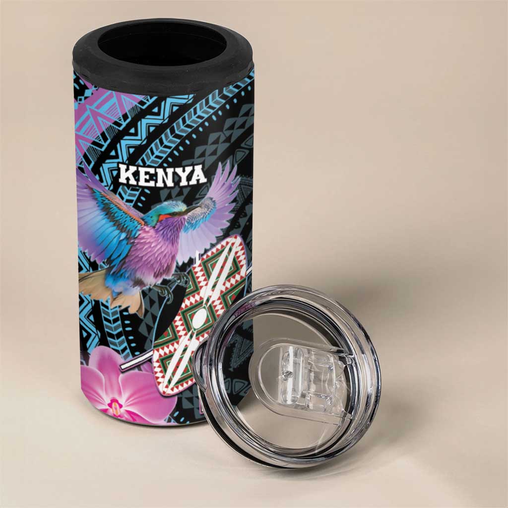 Personalised Kenya Lilac Breasted Roller 4 in 1 Can Cooler Tumbler Mix Maasai Shield With Orchid Flower - Wonder Print Shop