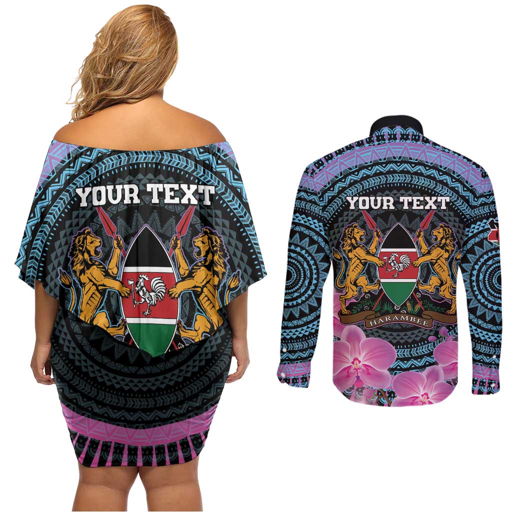 Personalised Kenya Lilac Breasted Roller Couples Matching Off Shoulder Short Dress and Long Sleeve Button Shirt Mix Maasai Shield With Orchid Flower - Wonder Print Shop