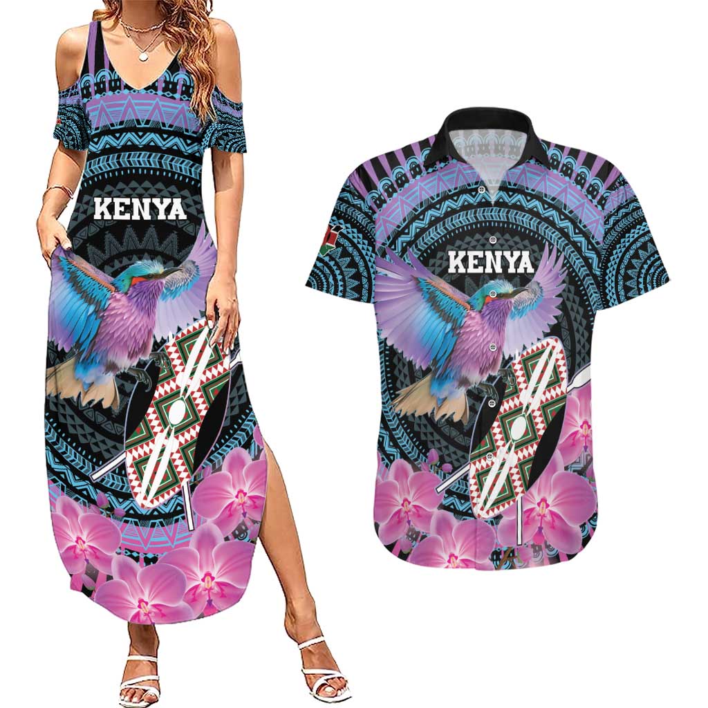 Personalised Kenya Lilac Breasted Roller Couples Matching Summer Maxi Dress and Hawaiian Shirt Mix Maasai Shield With Orchid Flower - Wonder Print Shop