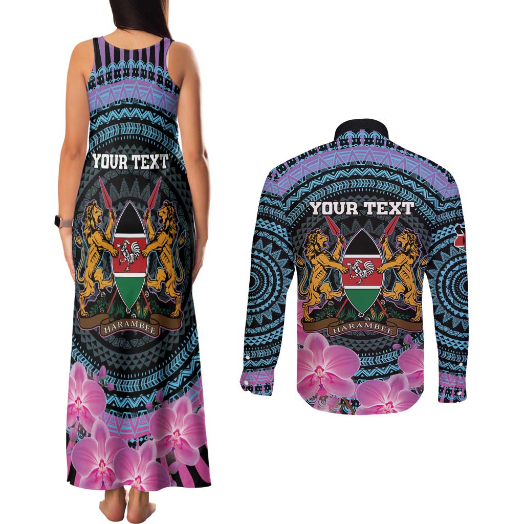 Personalised Kenya Lilac Breasted Roller Couples Matching Tank Maxi Dress and Long Sleeve Button Shirt Mix Maasai Shield With Orchid Flower - Wonder Print Shop