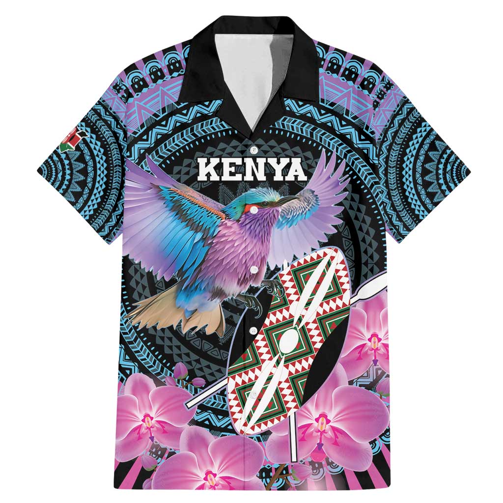 Personalised Kenya Lilac Breasted Roller Family Matching Mermaid Dress and Hawaiian Shirt Mix Maasai Shield With Orchid Flower - Wonder Print Shop