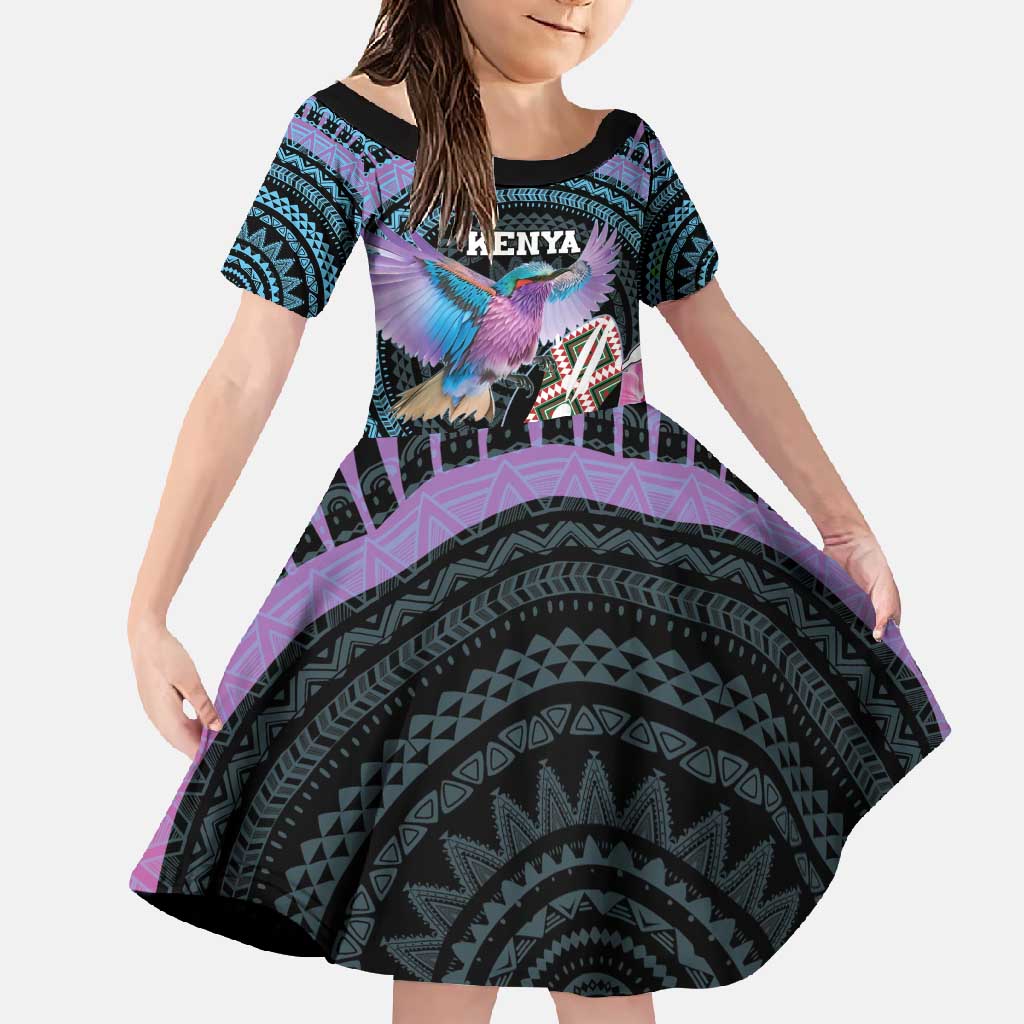 Personalised Kenya Lilac Breasted Roller Family Matching Off Shoulder Maxi Dress and Hawaiian Shirt Mix Maasai Shield With Orchid Flower - Wonder Print Shop