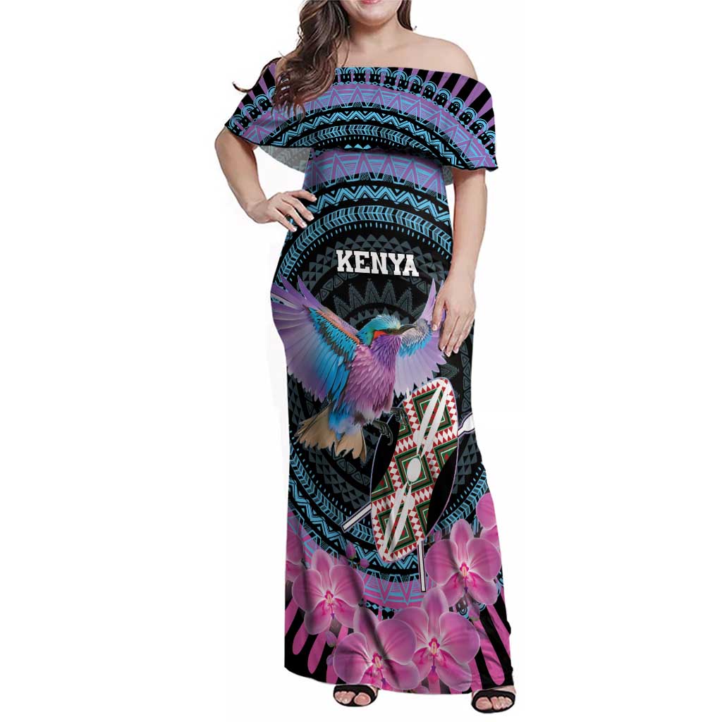 Personalised Kenya Lilac Breasted Roller Family Matching Off Shoulder Maxi Dress and Hawaiian Shirt Mix Maasai Shield With Orchid Flower - Wonder Print Shop