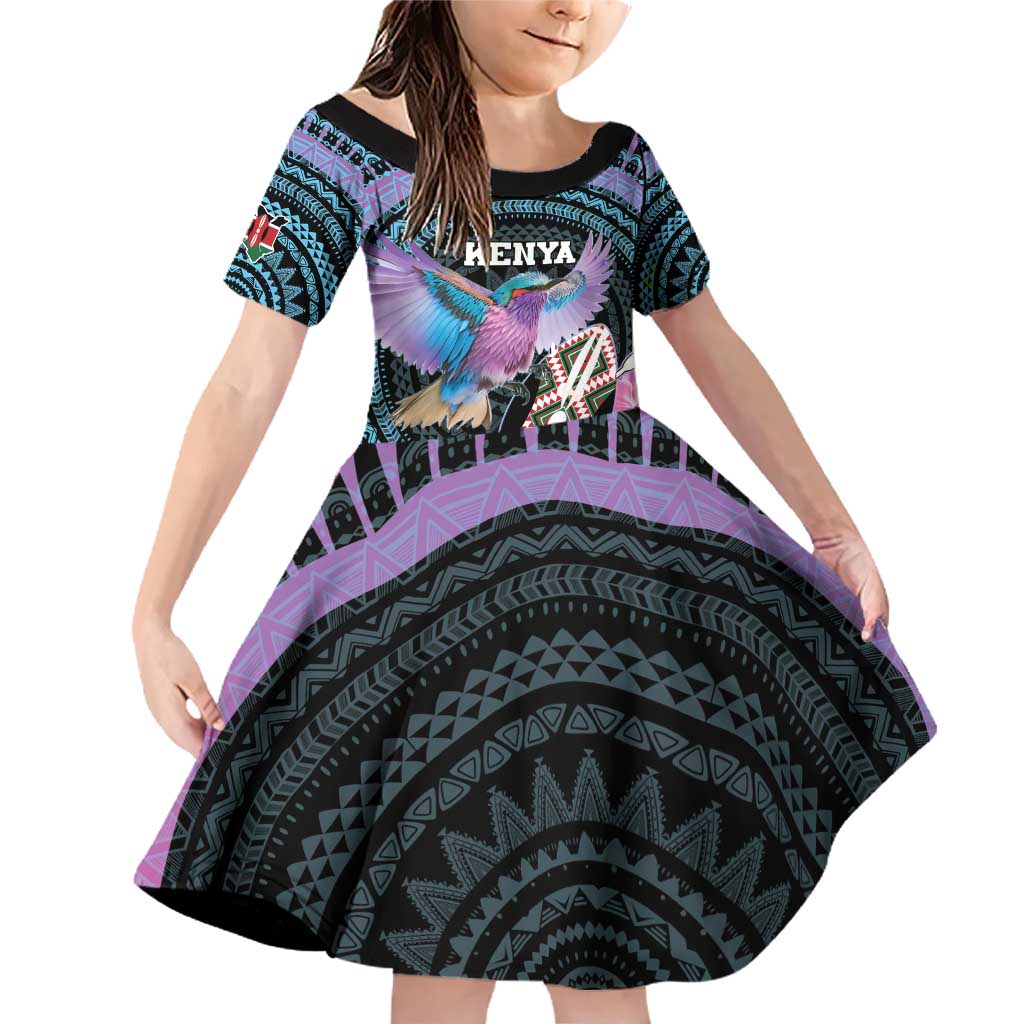 Personalised Kenya Lilac Breasted Roller Family Matching Off Shoulder Short Dress and Hawaiian Shirt Mix Maasai Shield With Orchid Flower - Wonder Print Shop