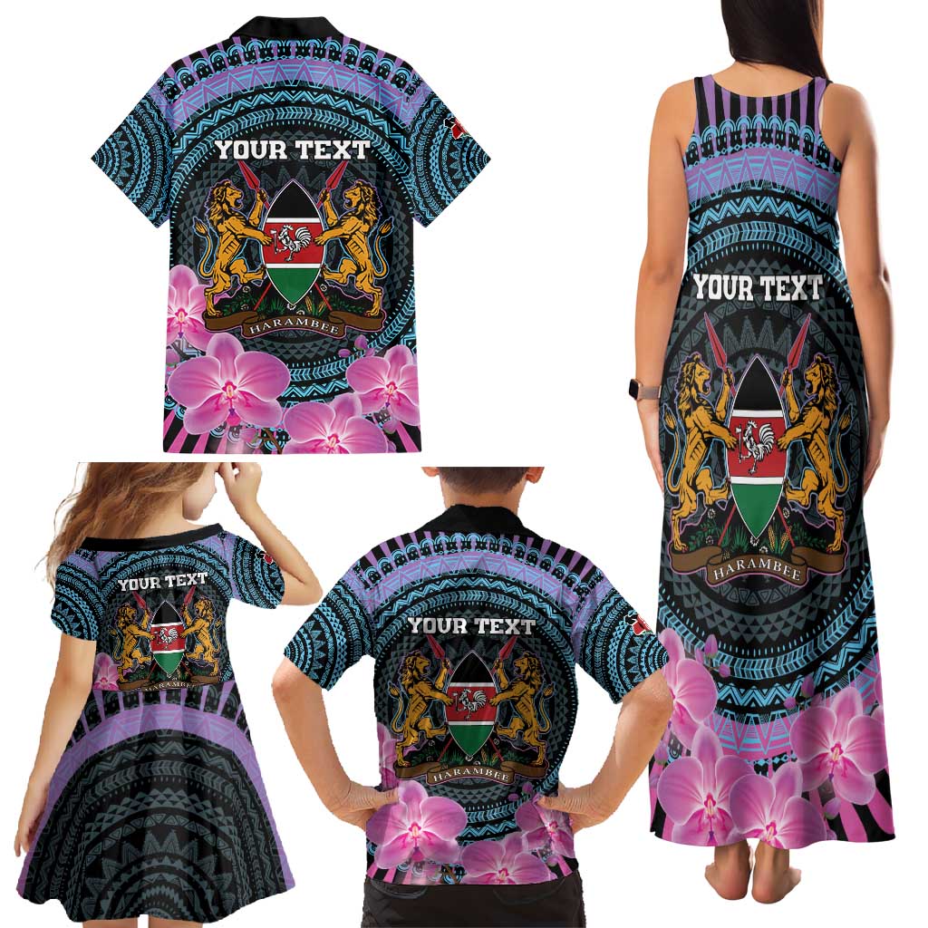 Personalised Kenya Lilac Breasted Roller Family Matching Tank Maxi Dress and Hawaiian Shirt Mix Maasai Shield With Orchid Flower - Wonder Print Shop