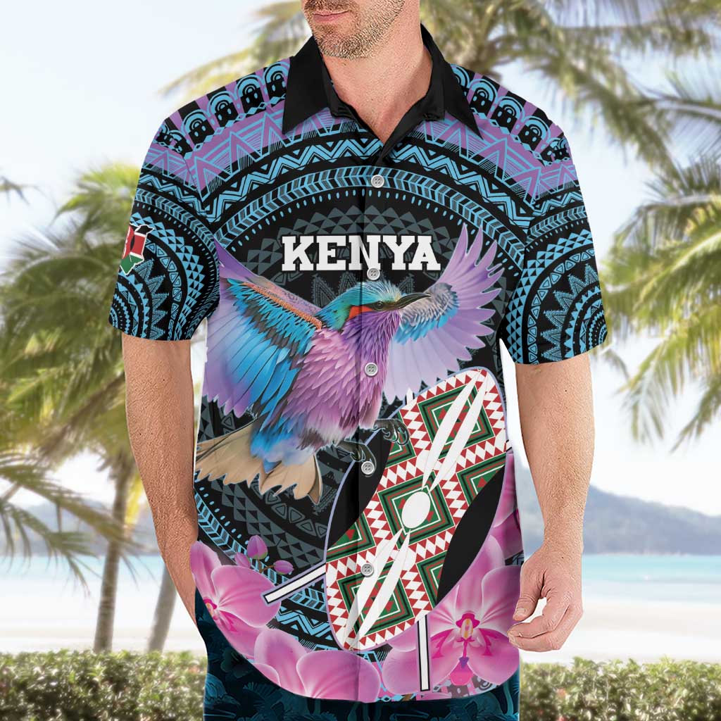 Personalised Kenya Lilac Breasted Roller Hawaiian Shirt Mix Maasai Shield With Orchid Flower - Wonder Print Shop