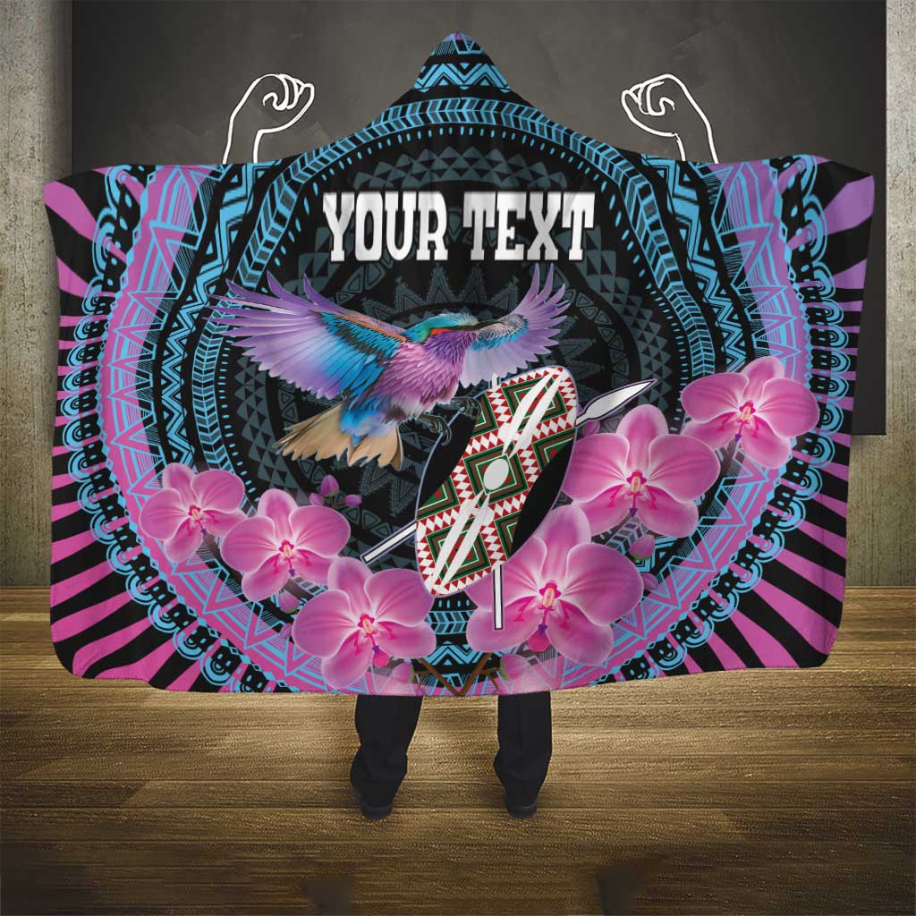 Personalised Kenya Lilac Breasted Roller Hooded Blanket Mix Maasai Shield With Orchid Flower