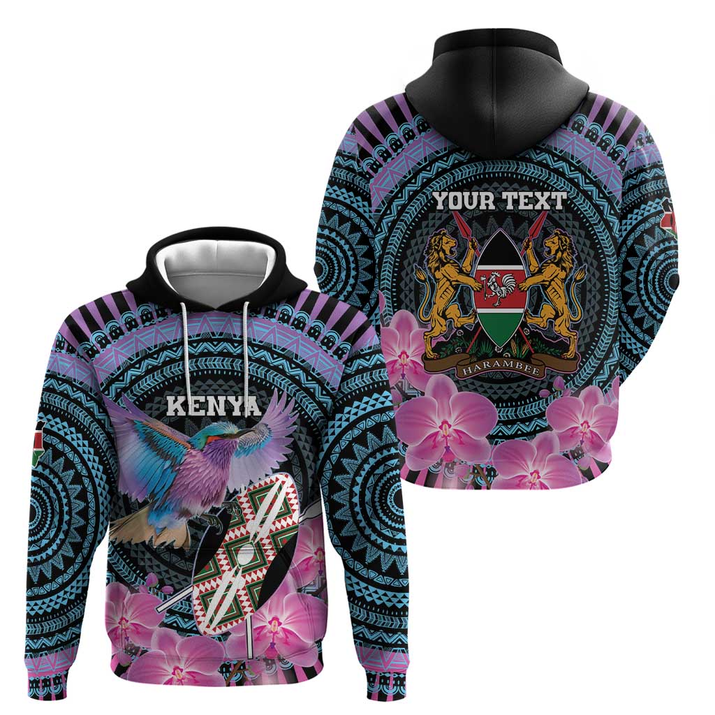 Personalised Kenya Lilac Breasted Roller Hoodie Mix Maasai Shield With Orchid Flower - Wonder Print Shop