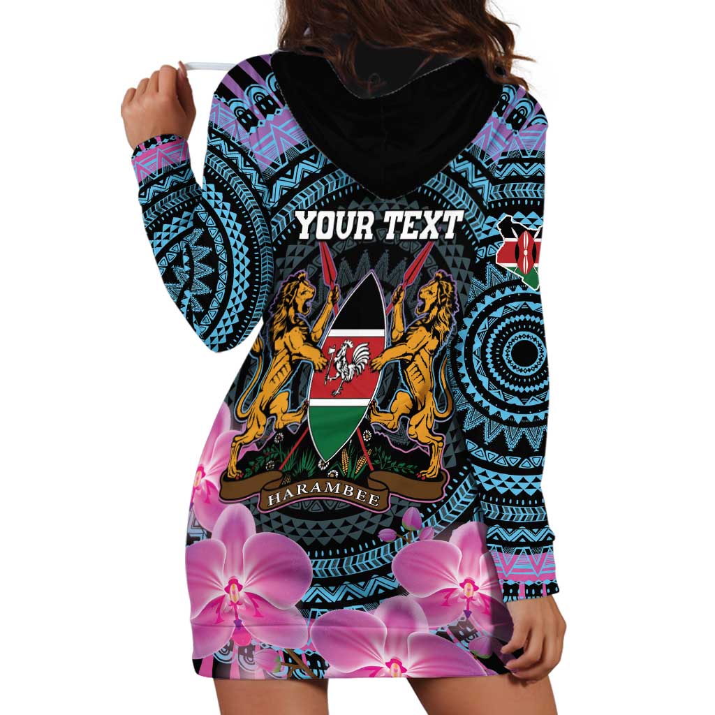 Personalised Kenya Lilac Breasted Roller Hoodie Dress Mix Maasai Shield With Orchid Flower - Wonder Print Shop