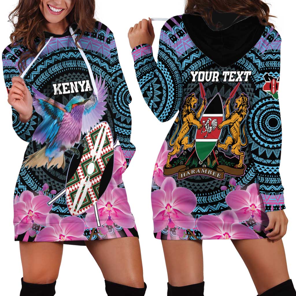 Personalised Kenya Lilac Breasted Roller Hoodie Dress Mix Maasai Shield With Orchid Flower - Wonder Print Shop