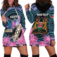 Personalised Kenya Lilac Breasted Roller Hoodie Dress Mix Maasai Shield With Orchid Flower - Wonder Print Shop