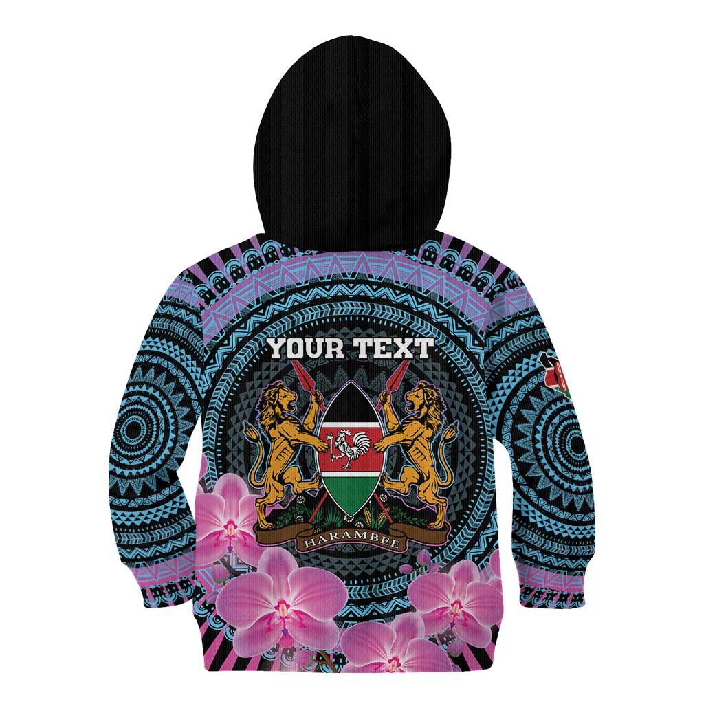Personalised Kenya Lilac Breasted Roller Kid Hoodie Mix Maasai Shield With Orchid Flower - Wonder Print Shop