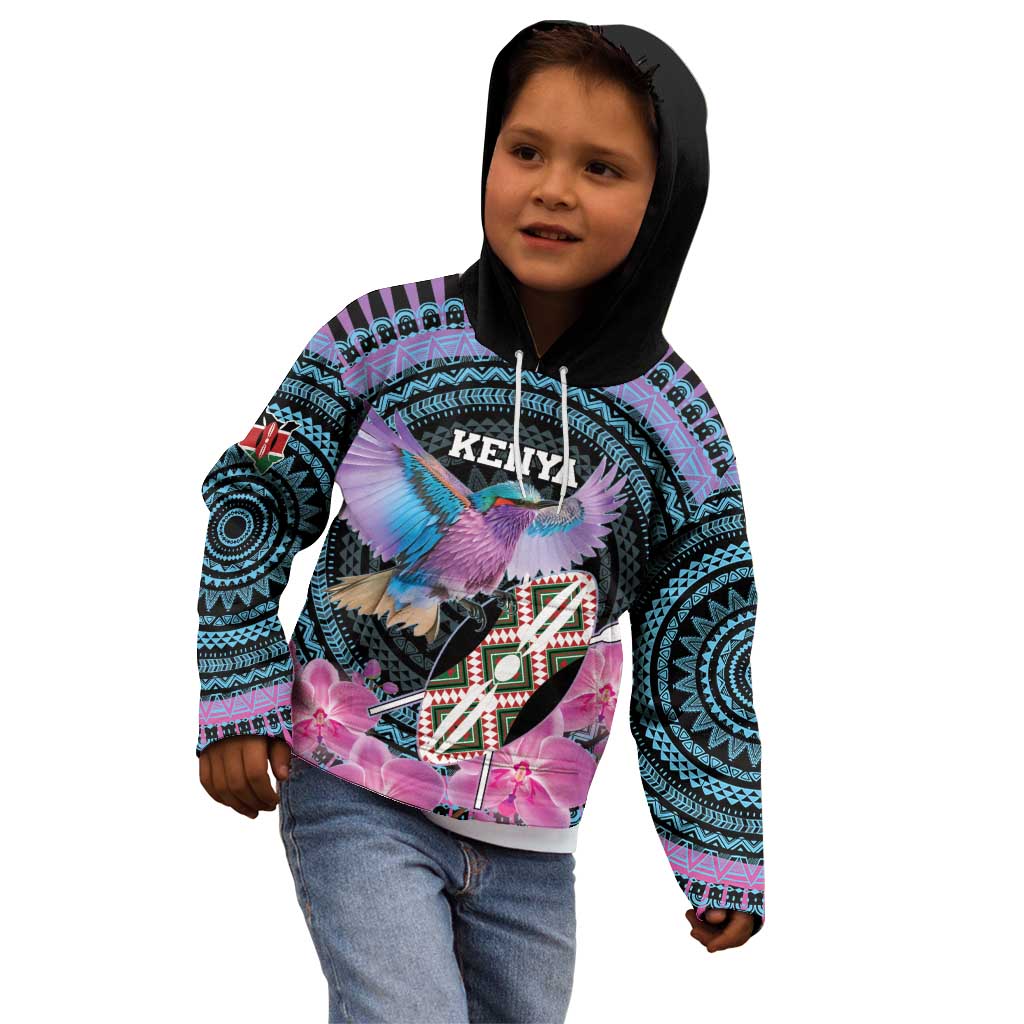 Personalised Kenya Lilac Breasted Roller Kid Hoodie Mix Maasai Shield With Orchid Flower - Wonder Print Shop