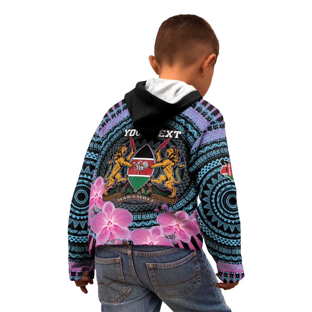Personalised Kenya Lilac Breasted Roller Kid Hoodie Mix Maasai Shield With Orchid Flower - Wonder Print Shop