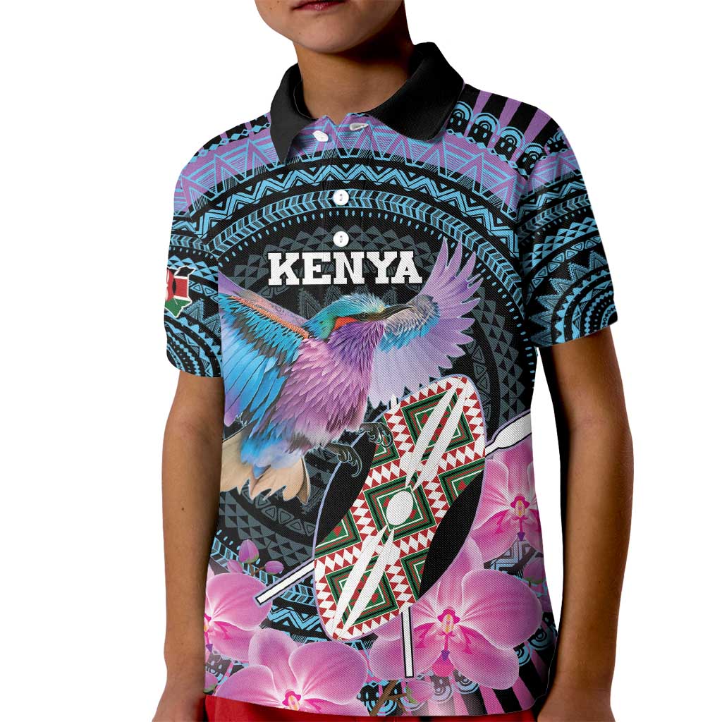 Personalised Kenya Lilac Breasted Roller Kid Polo Shirt Mix Maasai Shield With Orchid Flower - Wonder Print Shop