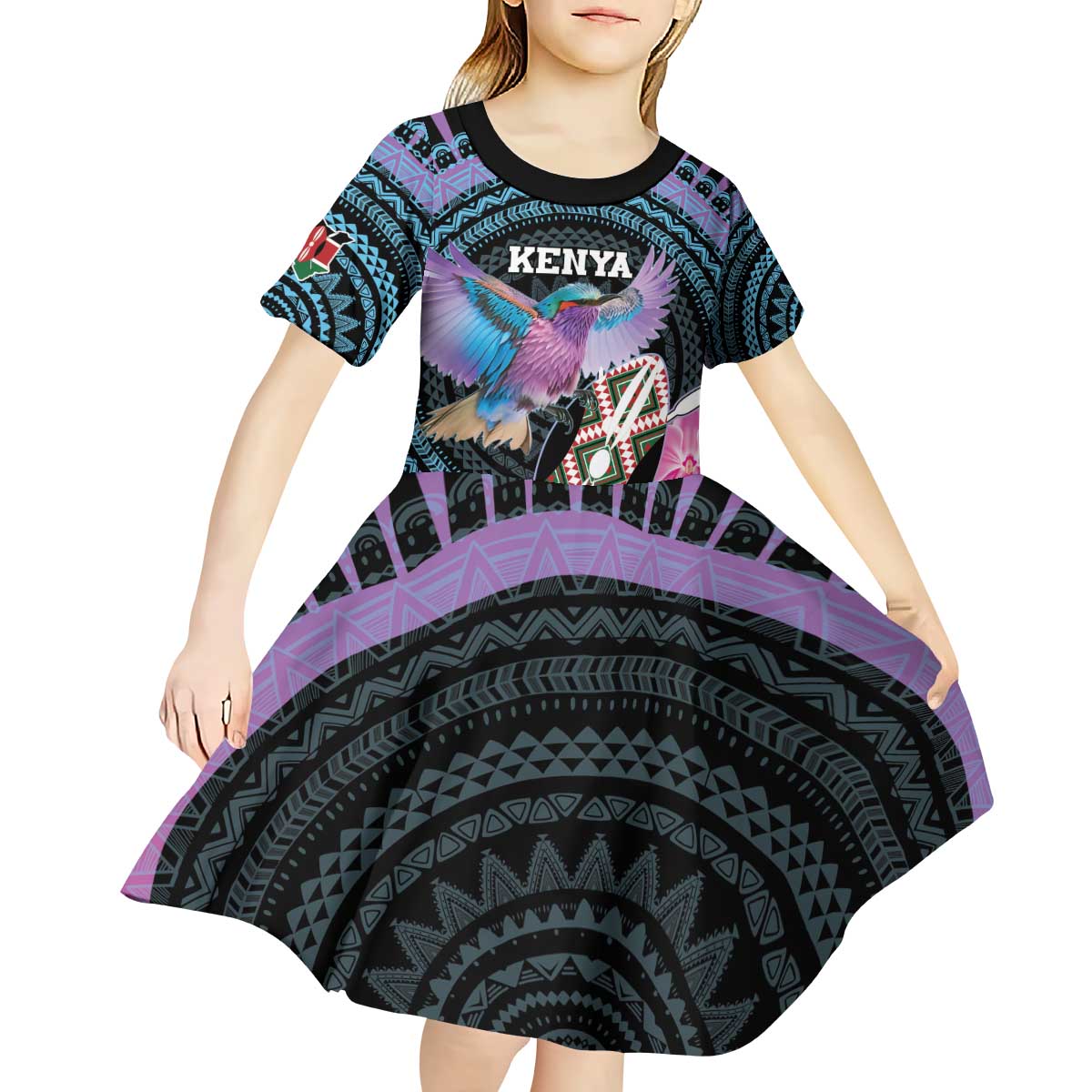 Personalised Kenya Lilac Breasted Roller Kid Short Sleeve Dress Mix Maasai Shield With Orchid Flower - Wonder Print Shop