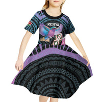 Personalised Kenya Lilac Breasted Roller Kid Short Sleeve Dress Mix Maasai Shield With Orchid Flower - Wonder Print Shop