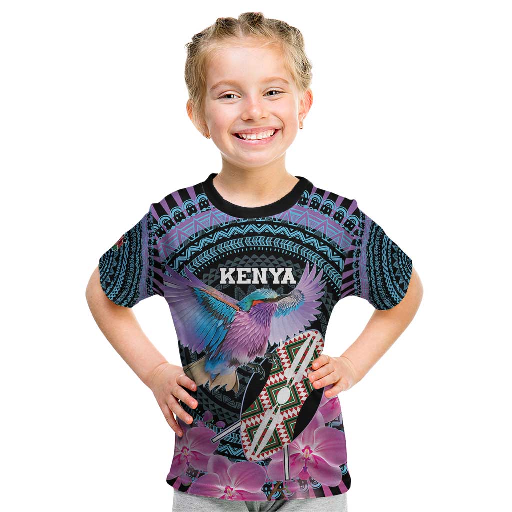 Personalised Kenya Lilac Breasted Roller Kid T Shirt Mix Maasai Shield With Orchid Flower - Wonder Print Shop
