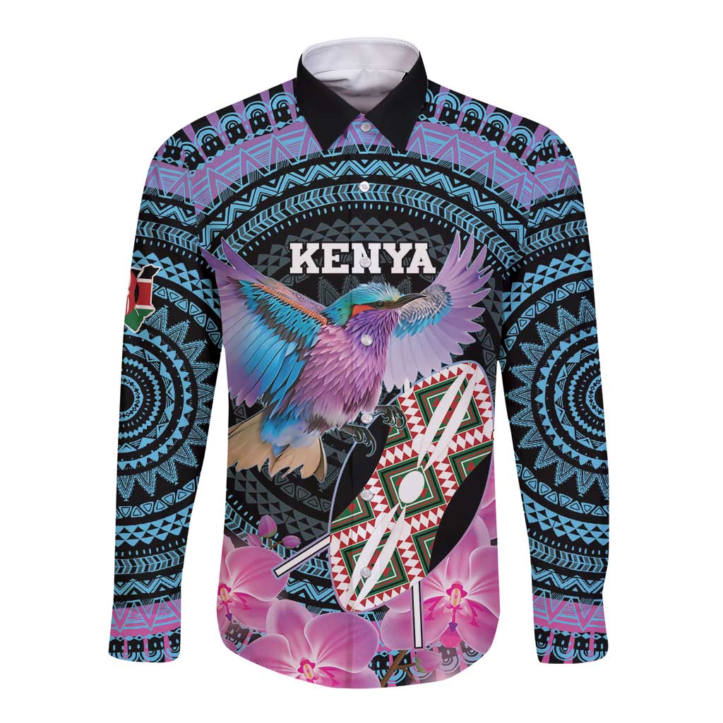 Personalised Kenya Lilac Breasted Roller Long Sleeve Button Shirt Mix Maasai Shield With Orchid Flower - Wonder Print Shop