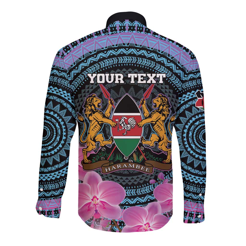 Personalised Kenya Lilac Breasted Roller Long Sleeve Button Shirt Mix Maasai Shield With Orchid Flower - Wonder Print Shop