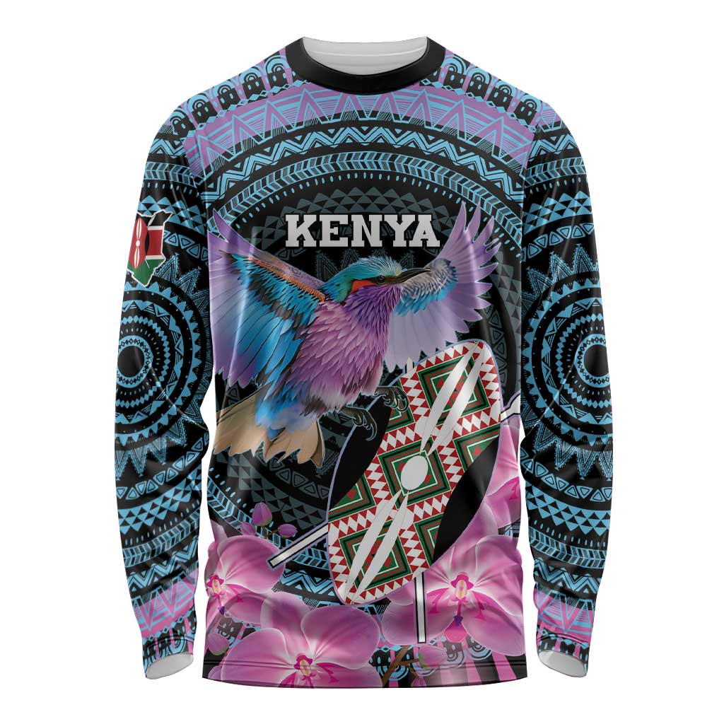 Personalised Kenya Lilac Breasted Roller Long Sleeve Shirt Mix Maasai Shield With Orchid Flower - Wonder Print Shop