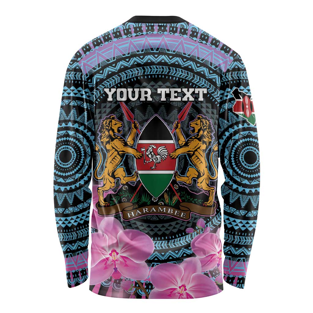 Personalised Kenya Lilac Breasted Roller Long Sleeve Shirt Mix Maasai Shield With Orchid Flower - Wonder Print Shop