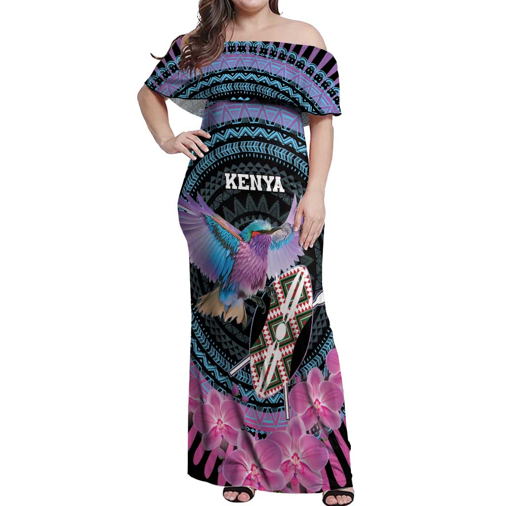 Personalised Kenya Lilac Breasted Roller Off Shoulder Maxi Dress Mix Maasai Shield With Orchid Flower - Wonder Print Shop