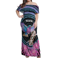 Personalised Kenya Lilac Breasted Roller Off Shoulder Maxi Dress Mix Maasai Shield With Orchid Flower - Wonder Print Shop