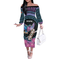 Personalised Kenya Lilac Breasted Roller Off The Shoulder Long Sleeve Dress Mix Maasai Shield With Orchid Flower - Wonder Print Shop