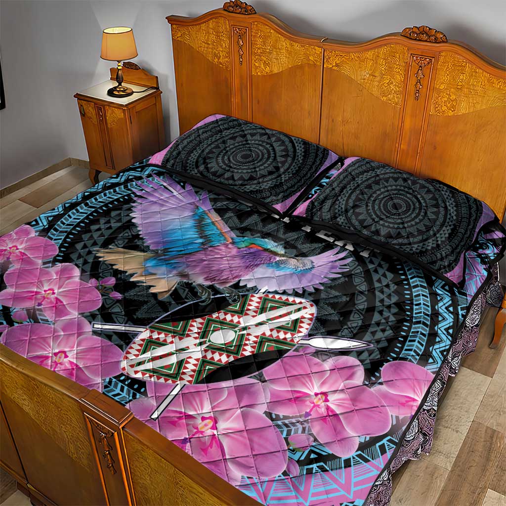 Personalised Kenya Lilac Breasted Roller Quilt Bed Set Mix Maasai Shield With Orchid Flower - Wonder Print Shop