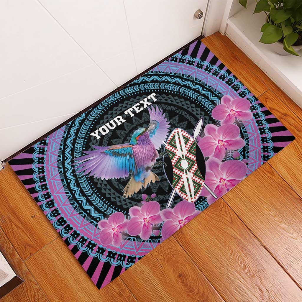 Personalised Kenya Lilac Breasted Roller Rubber Doormat Mix Maasai Shield With Orchid Flower - Wonder Print Shop