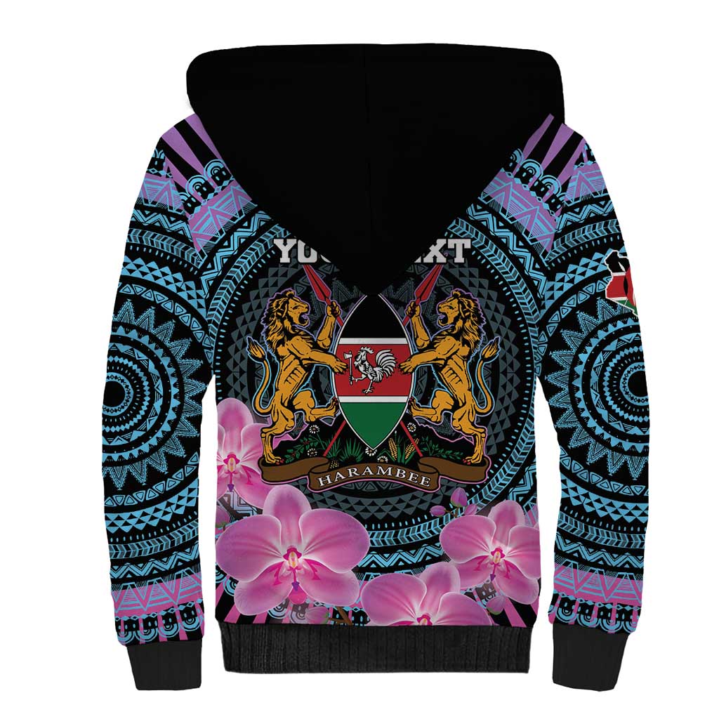 Personalised Kenya Lilac Breasted Roller Sherpa Hoodie Mix Maasai Shield With Orchid Flower - Wonder Print Shop