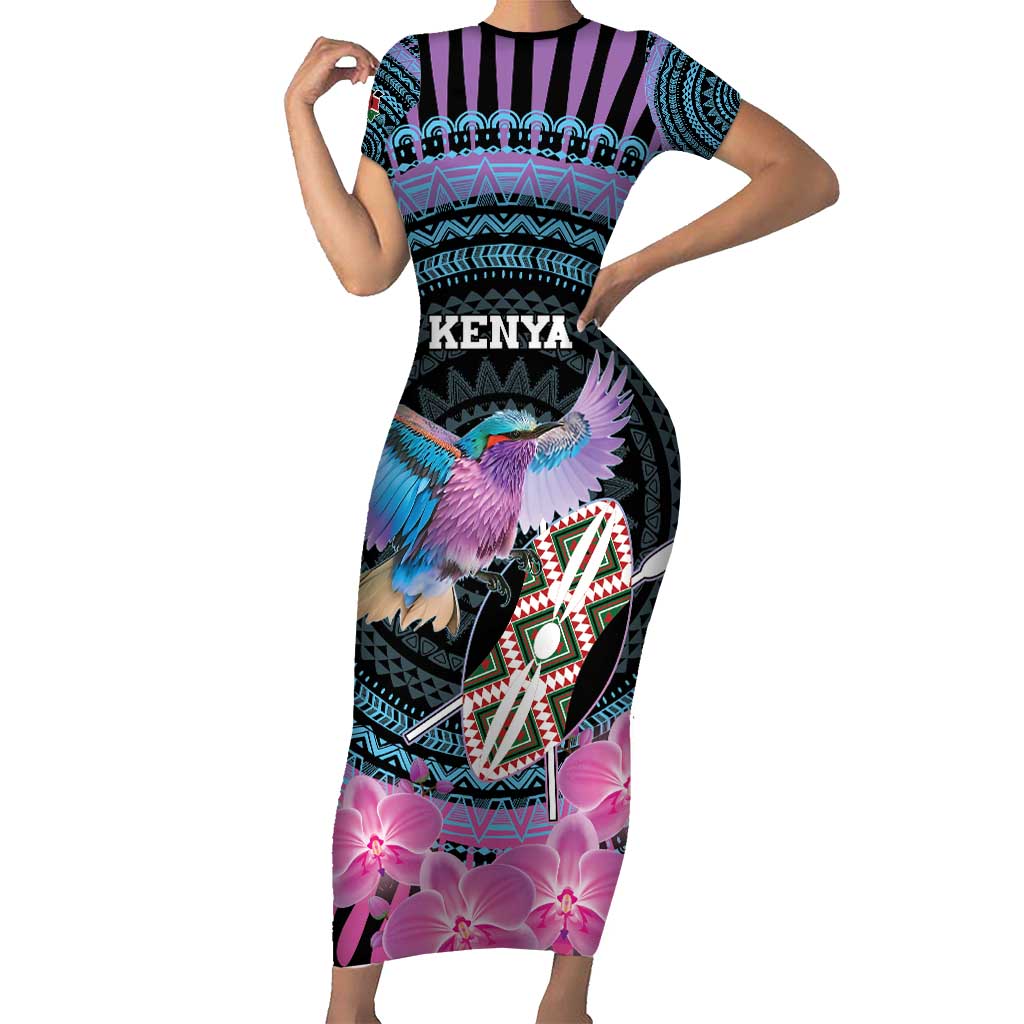 Personalised Kenya Lilac Breasted Roller Short Sleeve Bodycon Dress Mix Maasai Shield With Orchid Flower - Wonder Print Shop