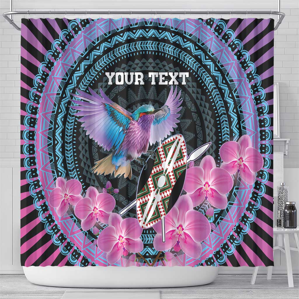 Personalised Kenya Lilac Breasted Roller Shower Curtain Mix Maasai Shield With Orchid Flower