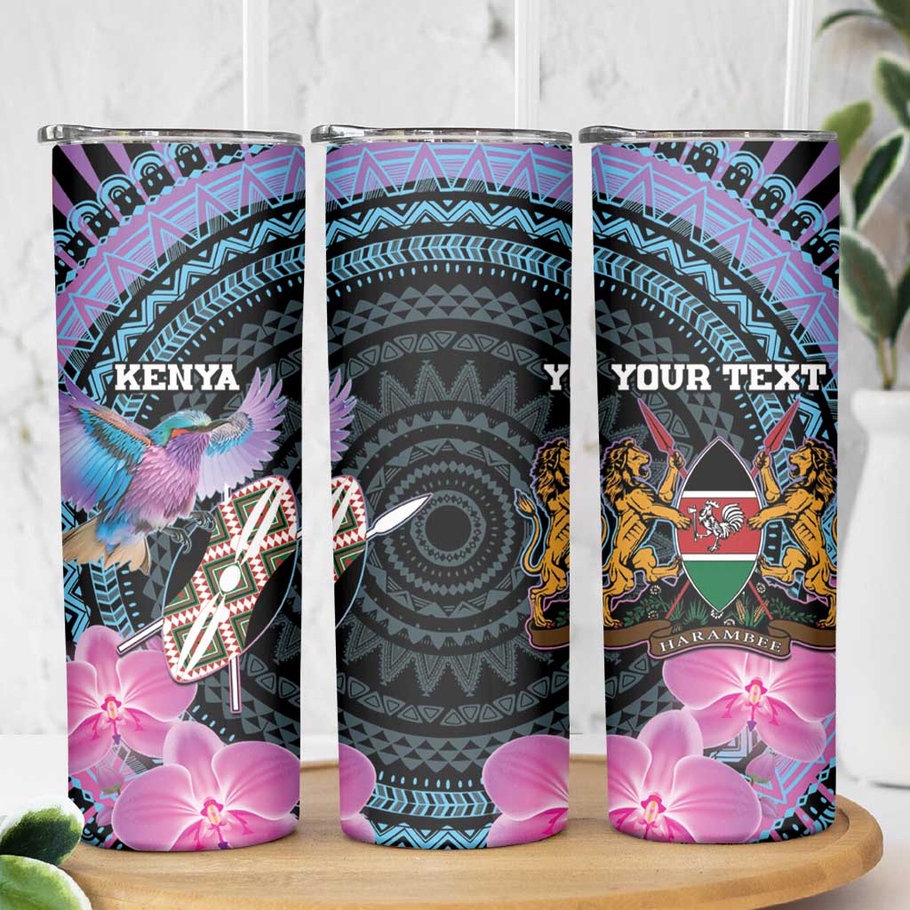Personalised Kenya Lilac Breasted Roller Skinny Tumbler Mix Maasai Shield With Orchid Flower - Wonder Print Shop