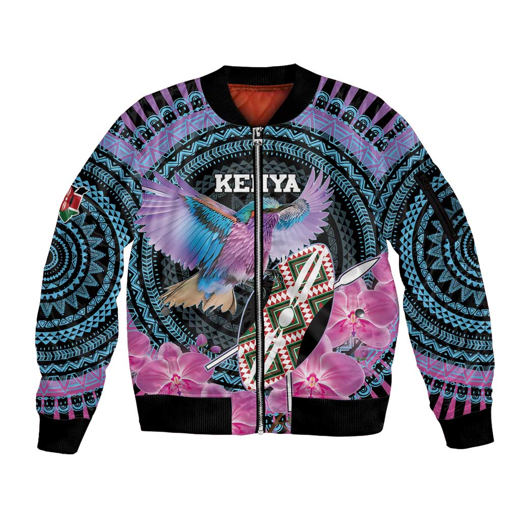 Personalised Kenya Lilac Breasted Roller Sleeve Zip Bomber Jacket Mix Maasai Shield With Orchid Flower - Wonder Print Shop