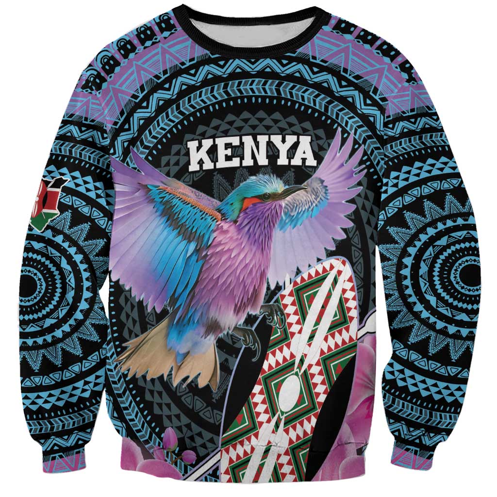 Personalised Kenya Lilac Breasted Roller Sweatshirt Mix Maasai Shield With Orchid Flower - Wonder Print Shop