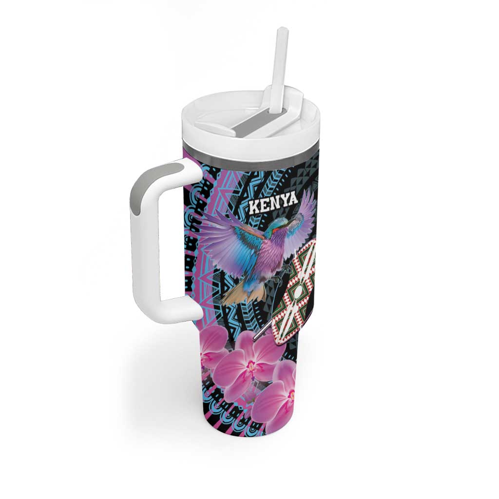 Personalised Kenya Lilac Breasted Roller Tumbler With Handle Mix Maasai Shield With Orchid Flower - Wonder Print Shop