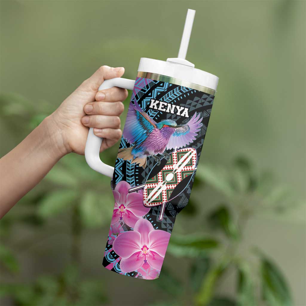 Personalised Kenya Lilac Breasted Roller Tumbler With Handle Mix Maasai Shield With Orchid Flower - Wonder Print Shop