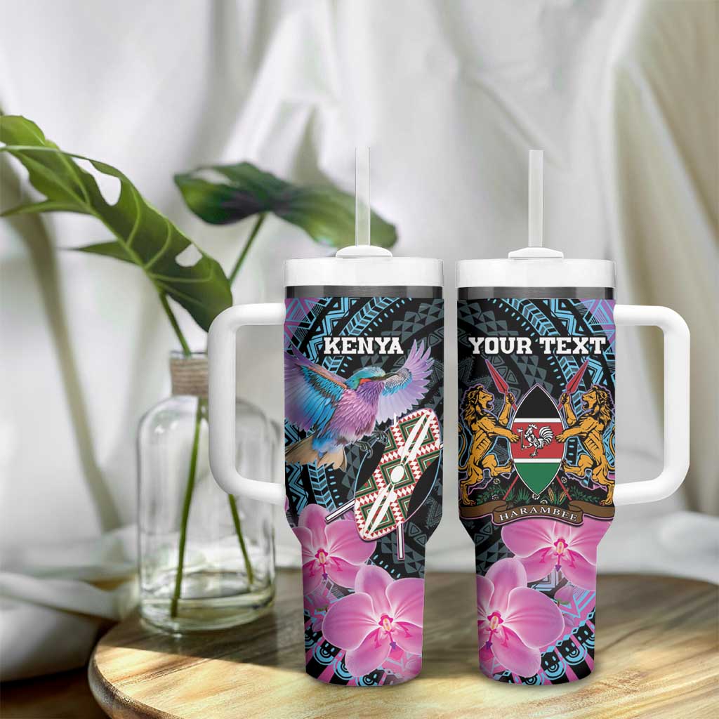 Personalised Kenya Lilac Breasted Roller Tumbler With Handle Mix Maasai Shield With Orchid Flower - Wonder Print Shop