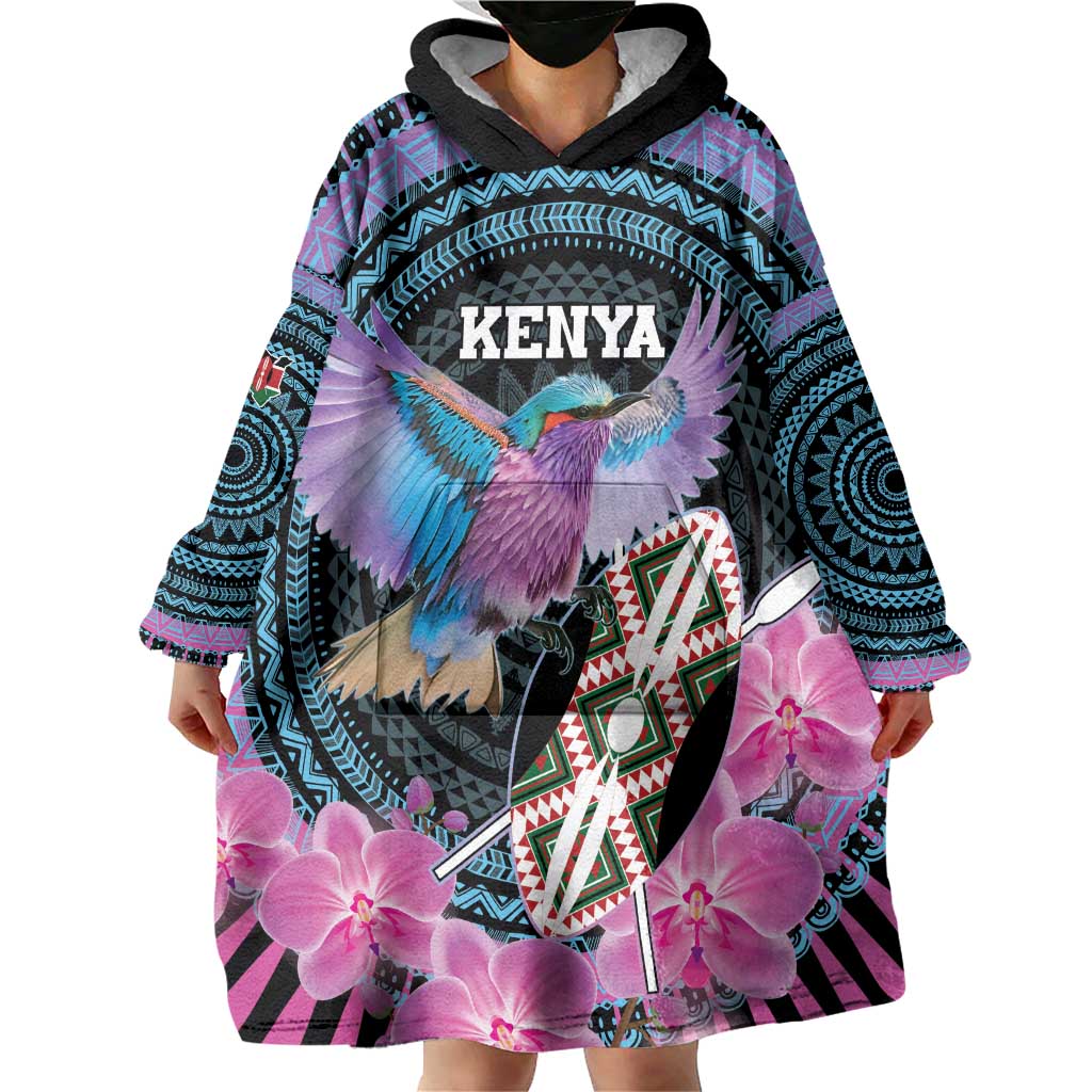 Personalised Kenya Lilac Breasted Roller Wearable Blanket Hoodie Mix Maasai Shield With Orchid Flower - Wonder Print Shop