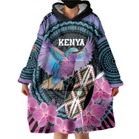 Personalised Kenya Lilac Breasted Roller Wearable Blanket Hoodie Mix Maasai Shield With Orchid Flower - Wonder Print Shop