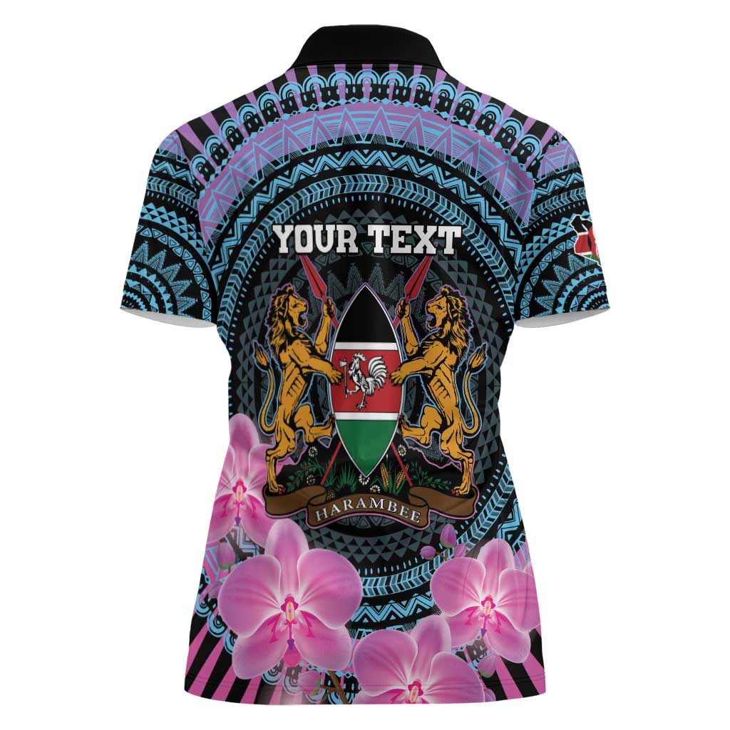 Personalised Kenya Lilac Breasted Roller Women Polo Shirt Mix Maasai Shield With Orchid Flower - Wonder Print Shop