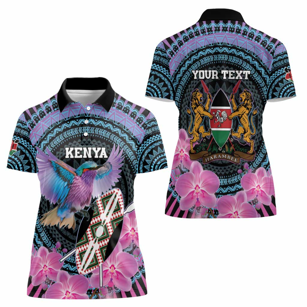 Personalised Kenya Lilac Breasted Roller Women Polo Shirt Mix Maasai Shield With Orchid Flower - Wonder Print Shop