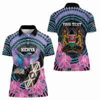 Personalised Kenya Lilac Breasted Roller Women Polo Shirt Mix Maasai Shield With Orchid Flower - Wonder Print Shop