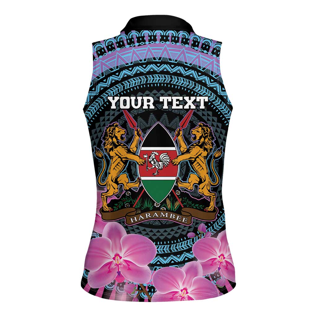 Personalised Kenya Lilac Breasted Roller Women Sleeveless Polo Shirt Mix Maasai Shield With Orchid Flower - Wonder Print Shop
