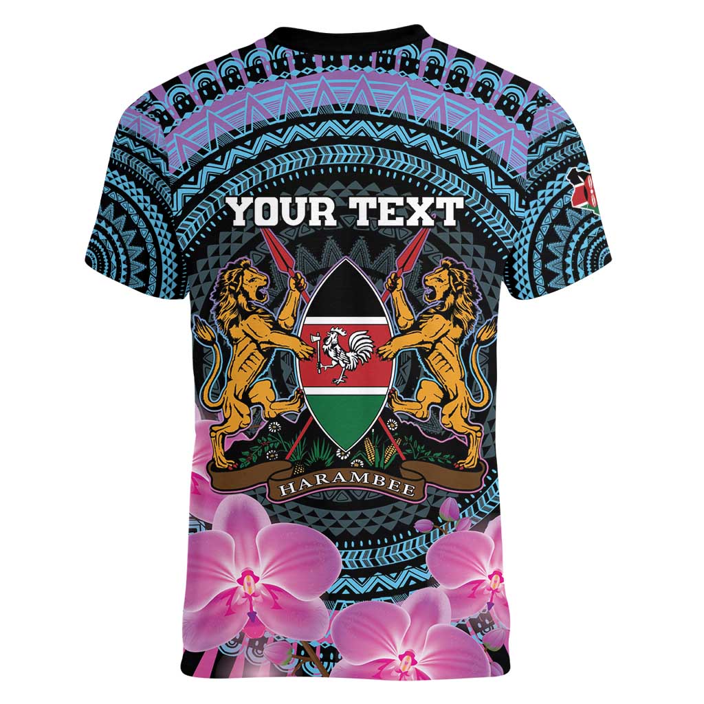 Personalised Kenya Lilac Breasted Roller Women V-Neck T-Shirt Mix Maasai Shield With Orchid Flower - Wonder Print Shop