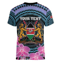 Personalised Kenya Lilac Breasted Roller Women V-Neck T-Shirt Mix Maasai Shield With Orchid Flower - Wonder Print Shop